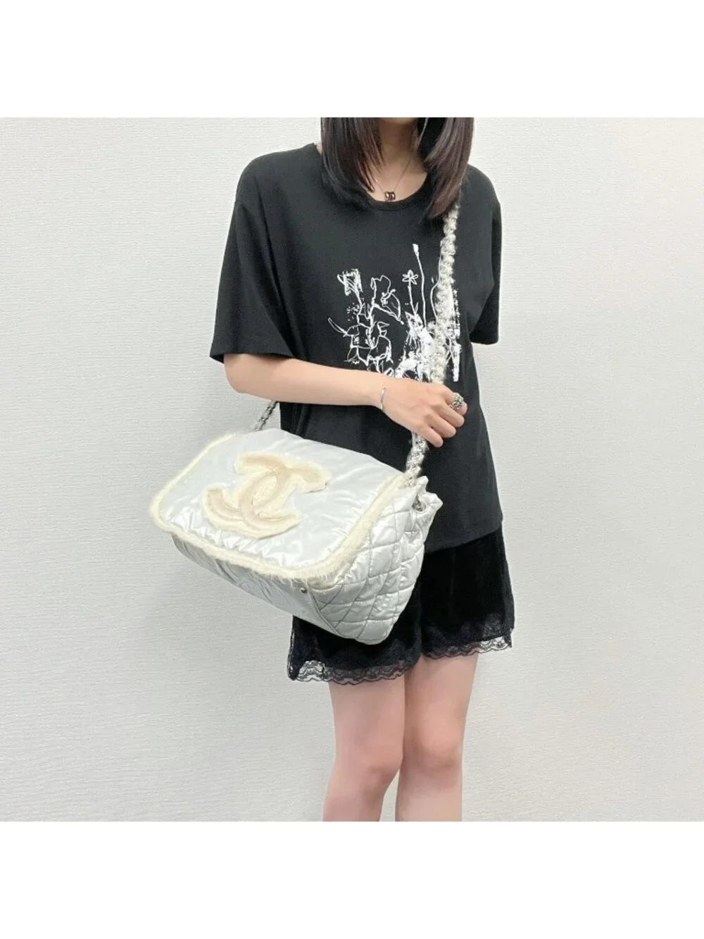 Chanel CC Logo Chain Tote Shoulder Bag Nylon Silver Ivory Seal Vintage
